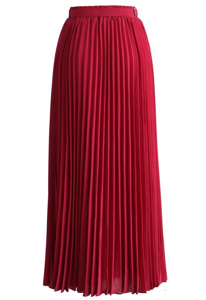 Maxi Falda de Chifón Plisada con Cinturón en Color Rubí