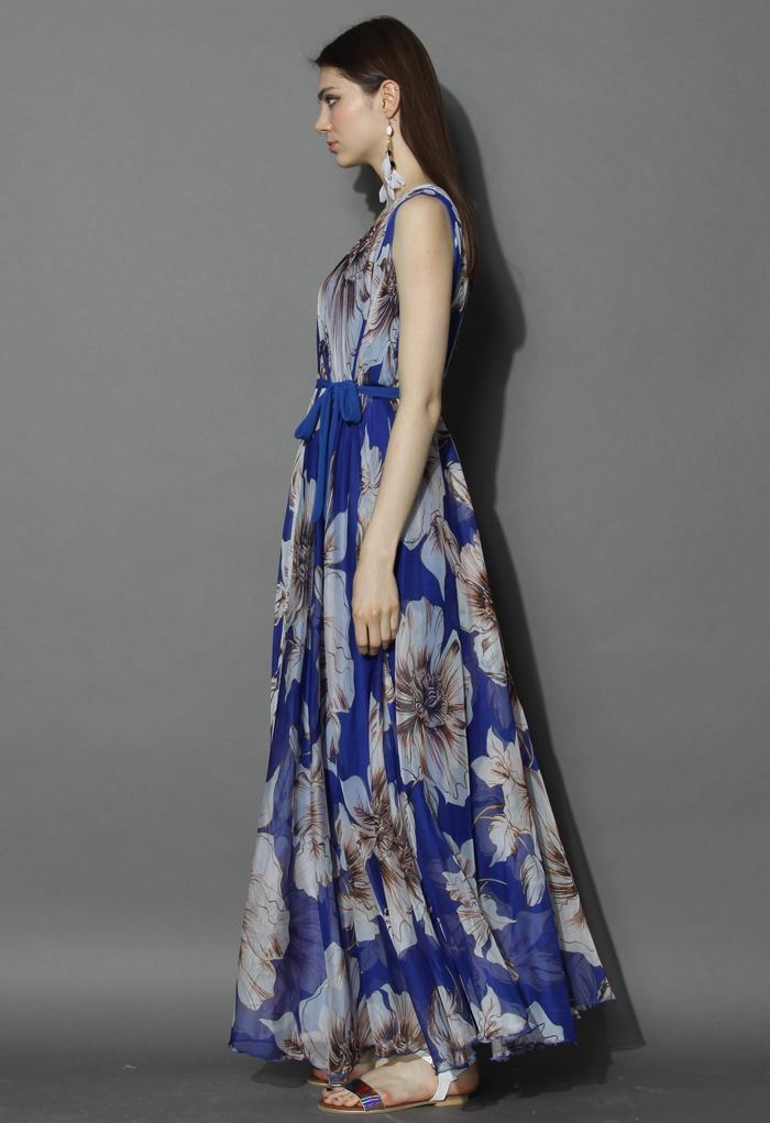 Maravilloso Maxi Vestido Floral en Chifón Azul