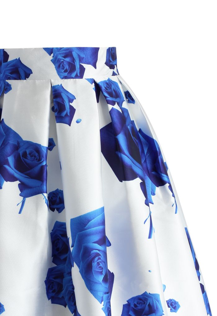 Midi Falda con Estampado de Rosas Azules