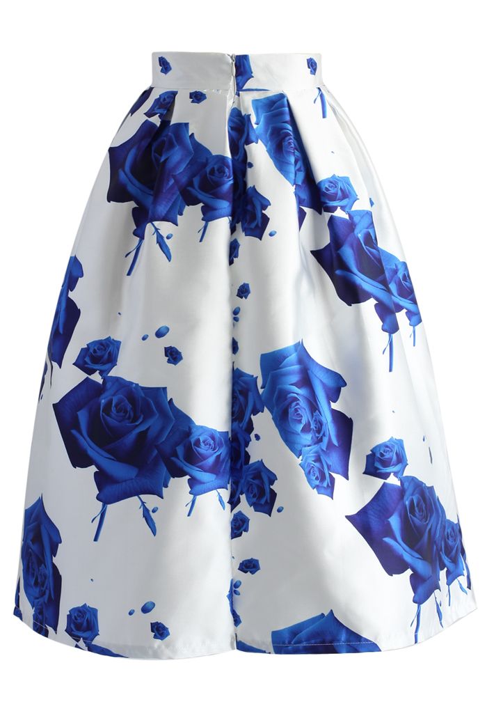 Midi Falda con Estampado de Rosas Azules