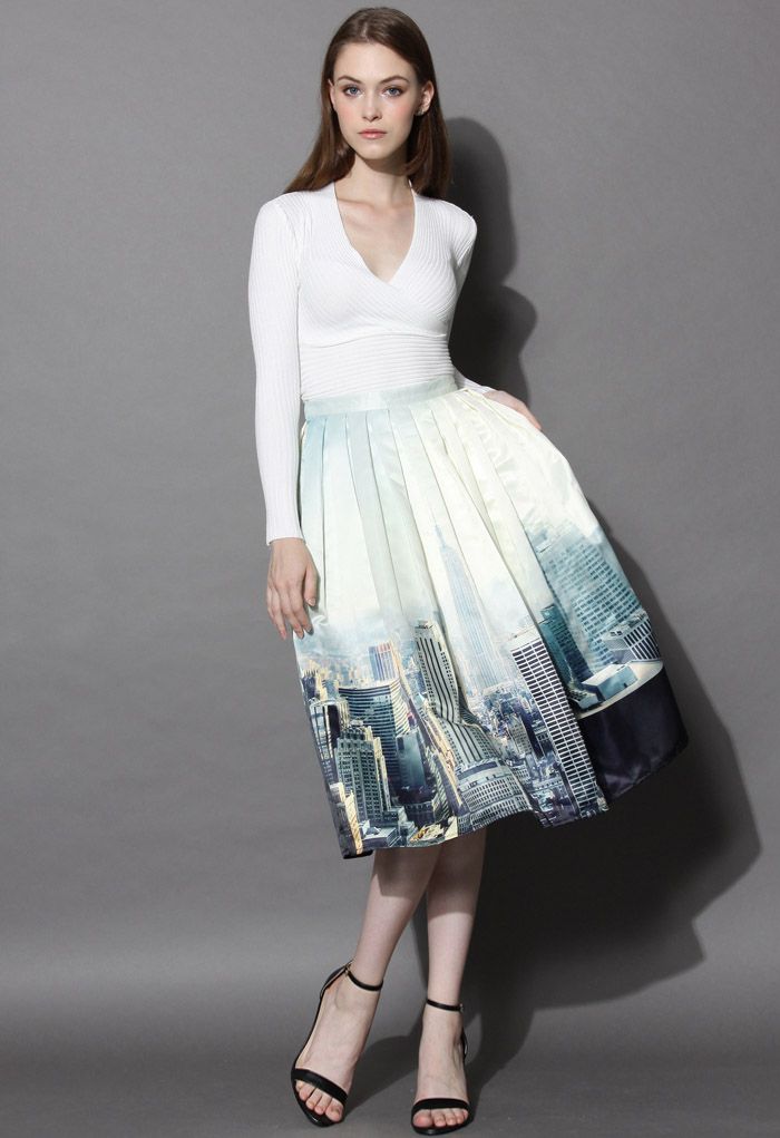 Falda midi estampada Skyline de Nueva York
