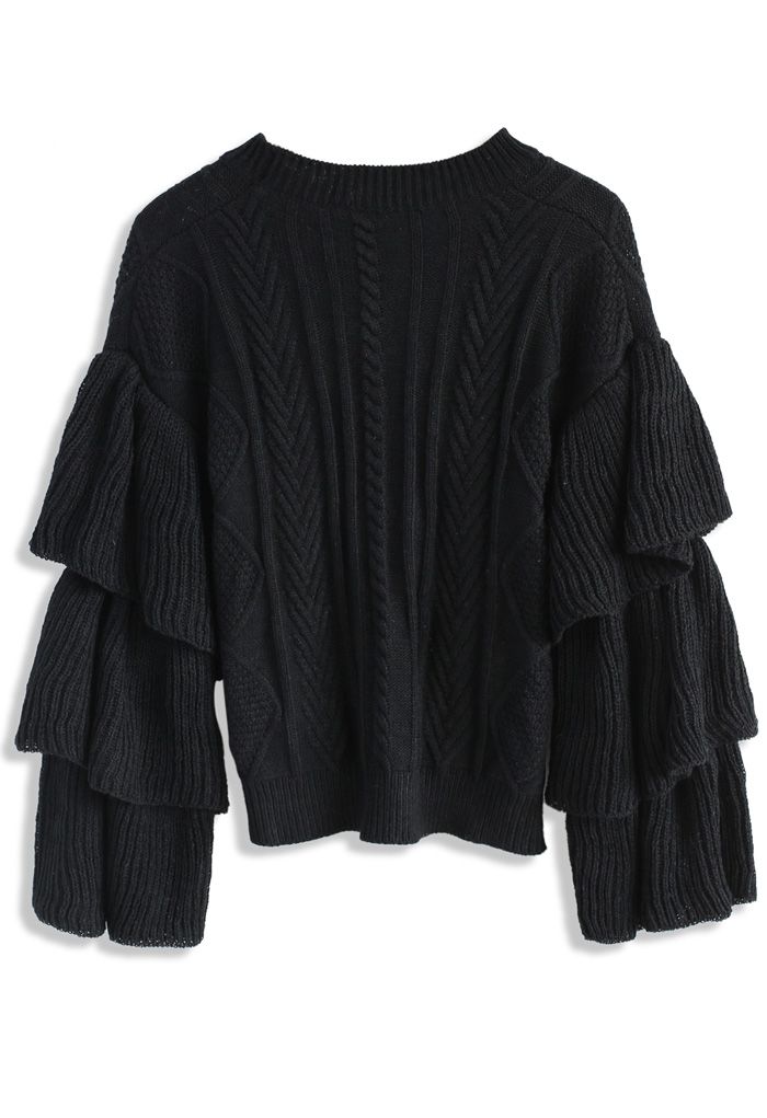 Suéter Negro de Punto con Patrón de Cable y Mangas Campana de Tiempos