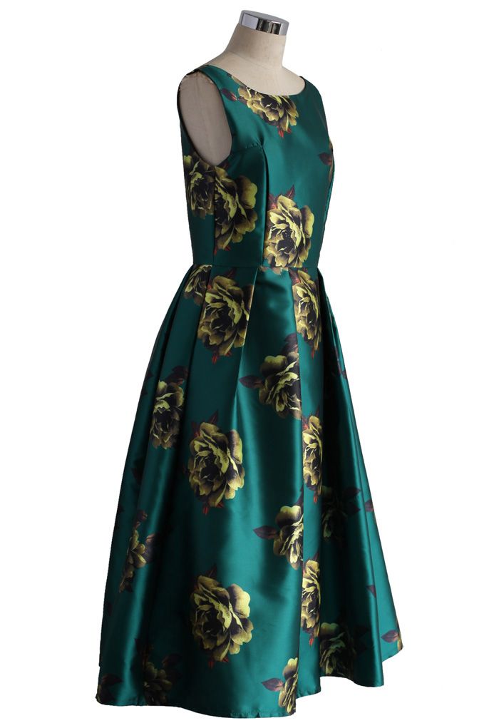 Vestido de fiesta con estampado de peonías en esmeralda
