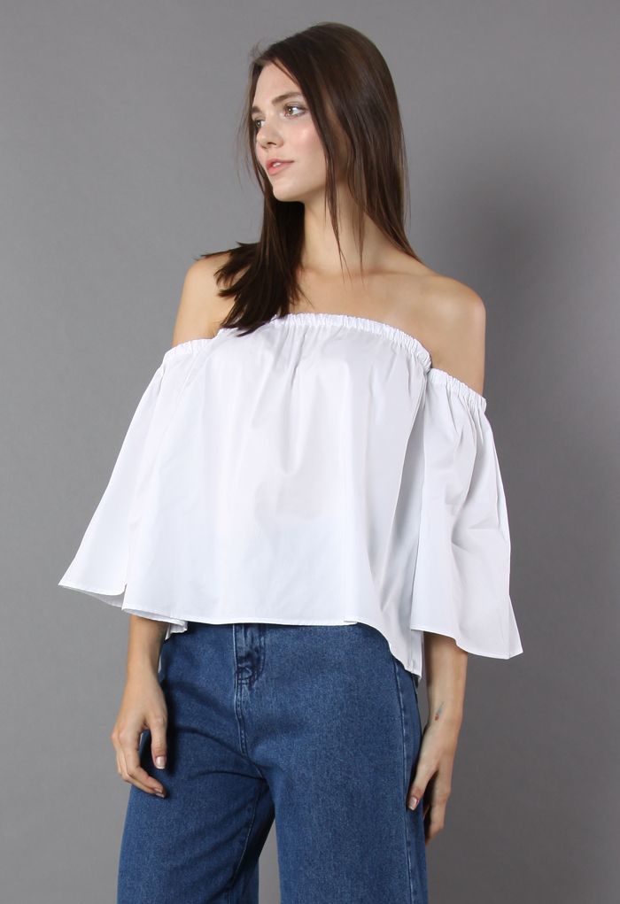 Encantadora Blusa Blanca con Hombros Descubiertos - Retro, Indie Unique Fashion