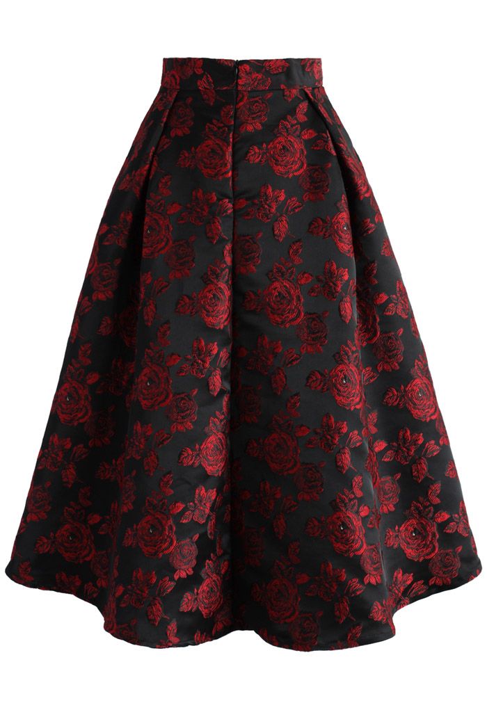 Elegante Falda Roja Estilo Cascada con Rosas en Relieve