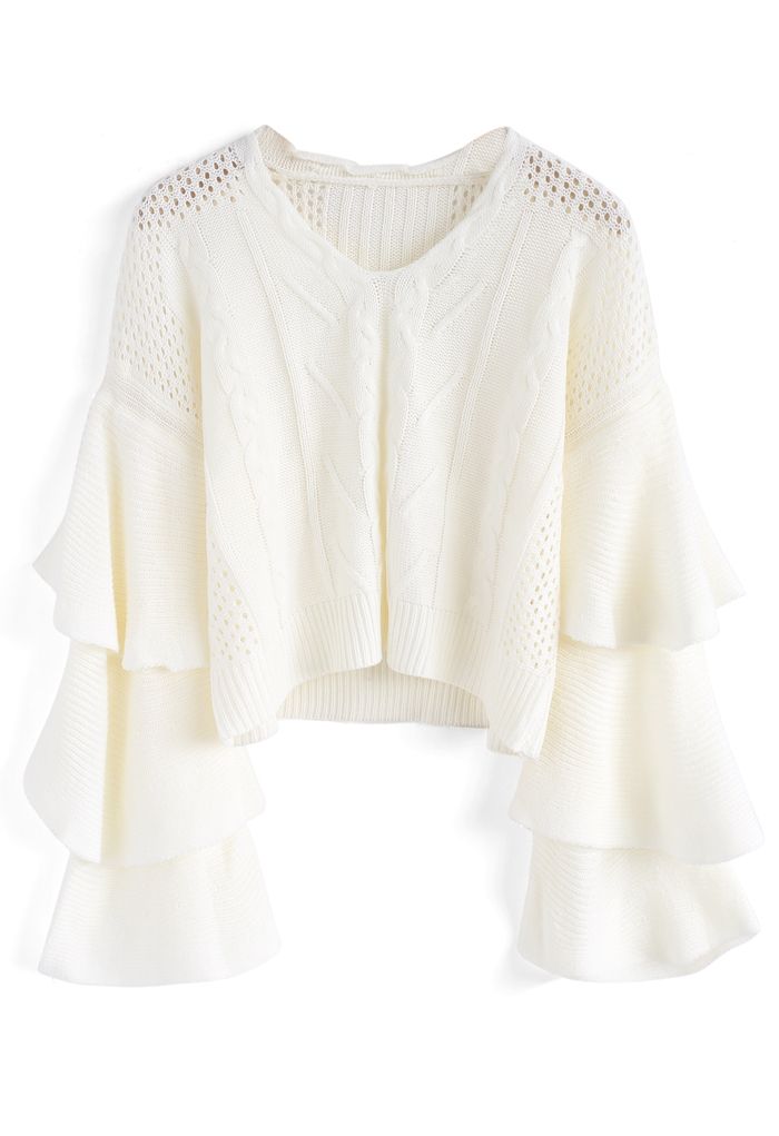 Dolce Cable Knit Crop Sweater in Tiered Bell Sleeves