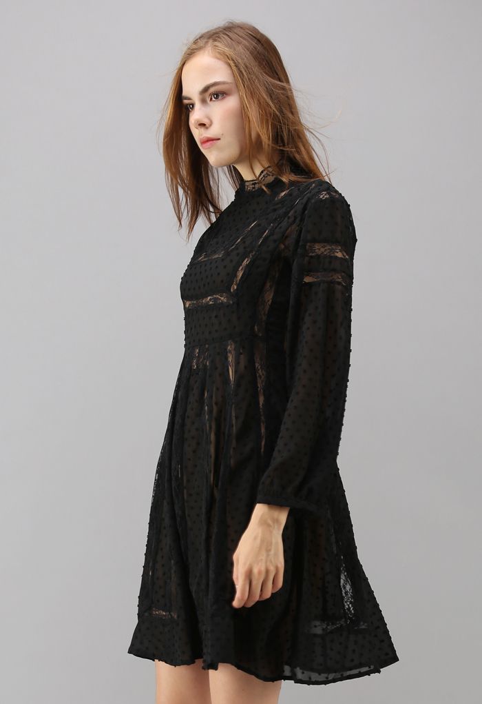 Alluring Maze Chiffon Lace Dress in Black 