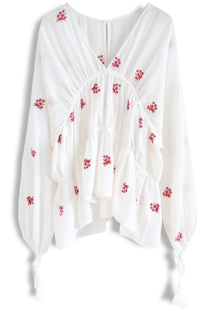 Floating Red Florets Boho Embroidered Top in White