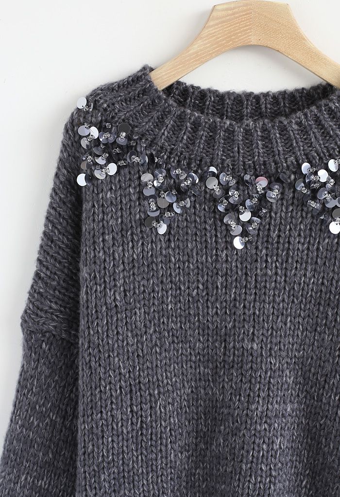 Suéter de Punto Color Humo con Detalles de Lentejuelas en Cuello y Puños