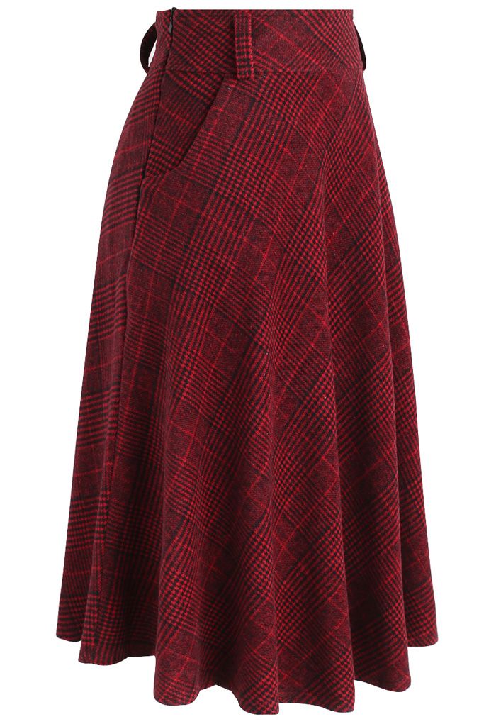 Falda Línea A en Mezcla de Lana con Estampado Pata de Gallo Color Rojo