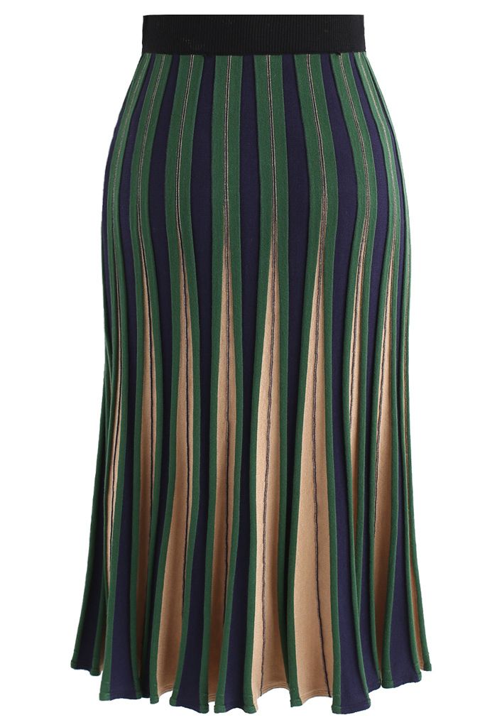 Radiante Falda de Punto Línea A Color Verde A Rayas