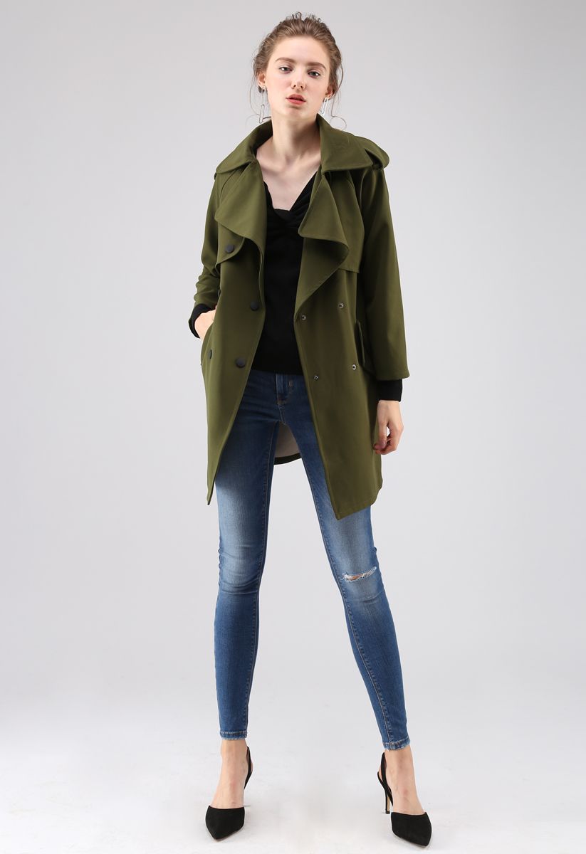 Trendy Sensation Double Breasted Trench Coat in Green