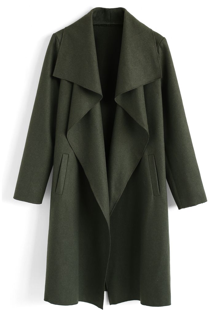 Free Myself Open Front Wool-Blend Coat in Army Green 