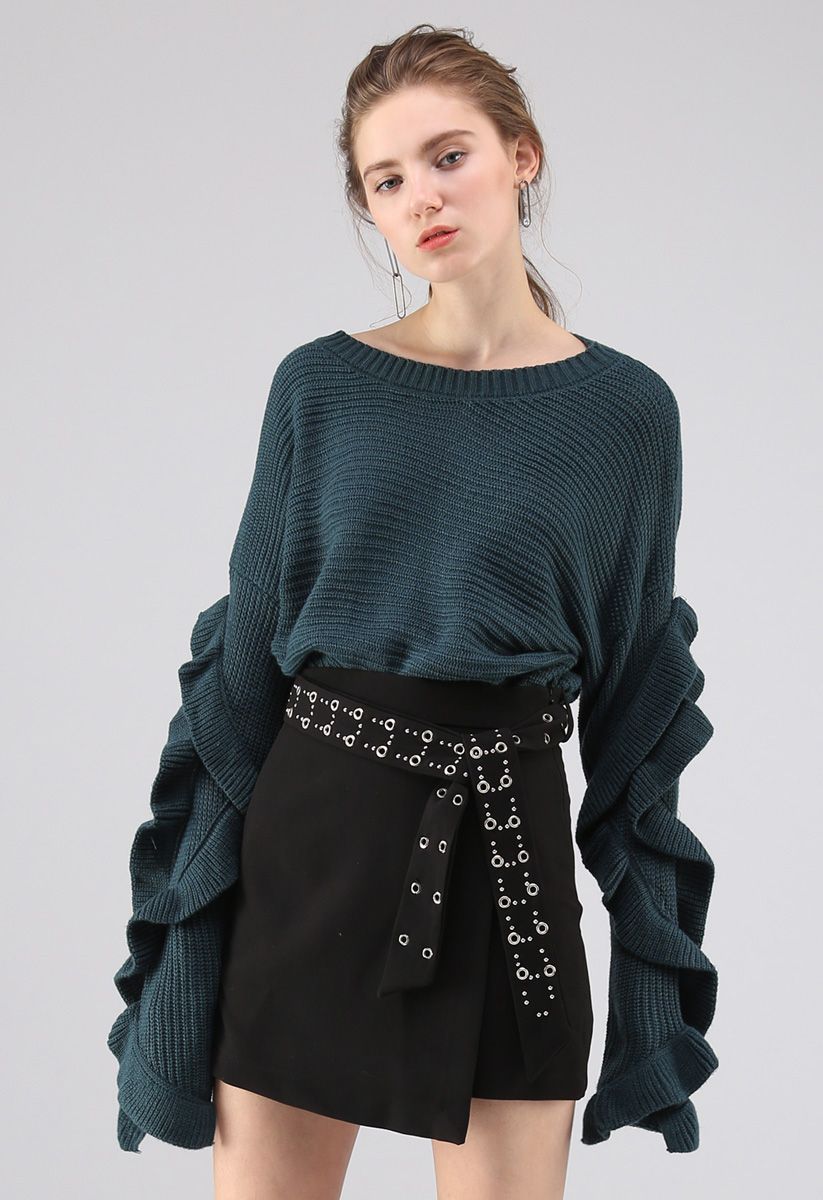 Charm to Meet You Ruffle Sleeves Ribbed Sweater in Dark Green
