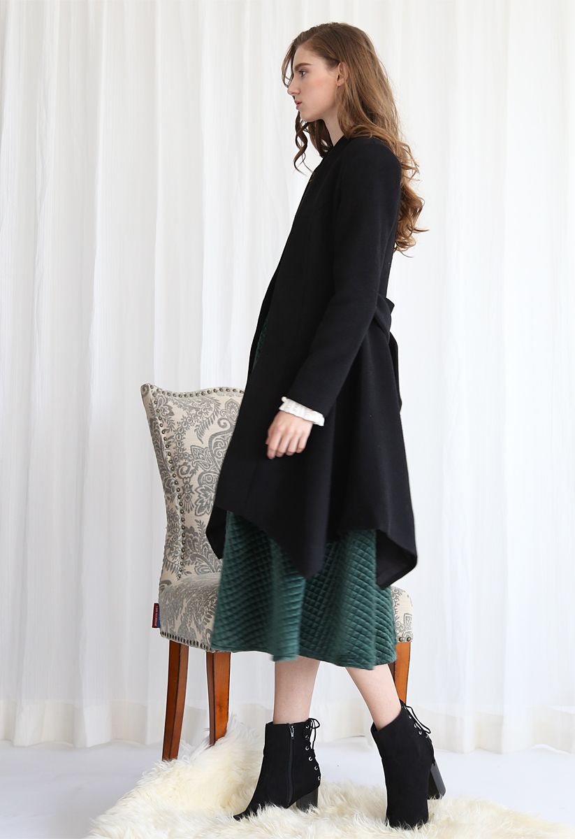 Flare Stylishness Belted Wool-Blend Coat in Black