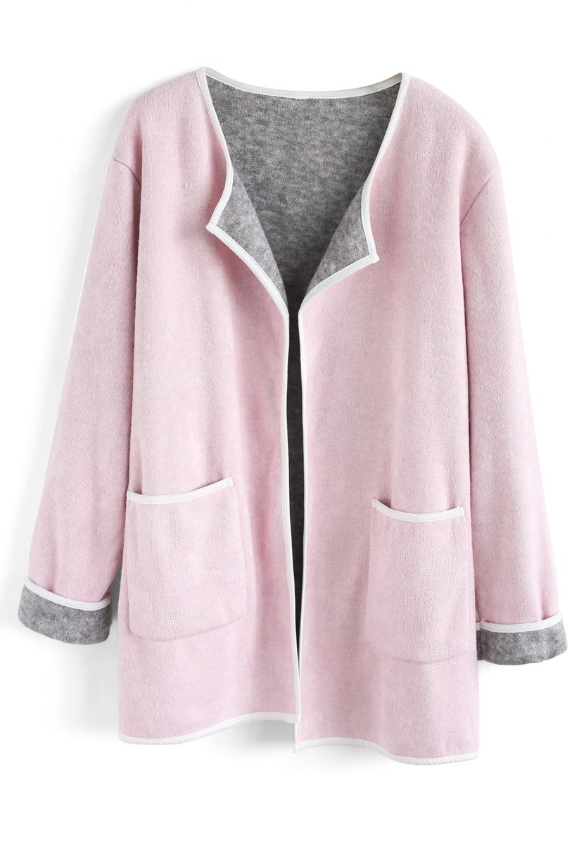 Cómodo abrigo abierto de punto con frente abierto en rosa