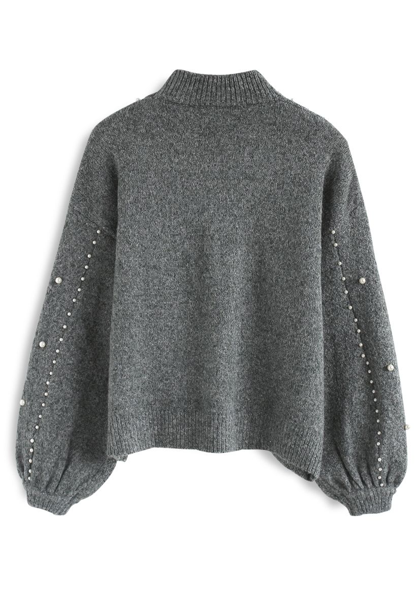 Suéter de punto de perlas radiantes en gris