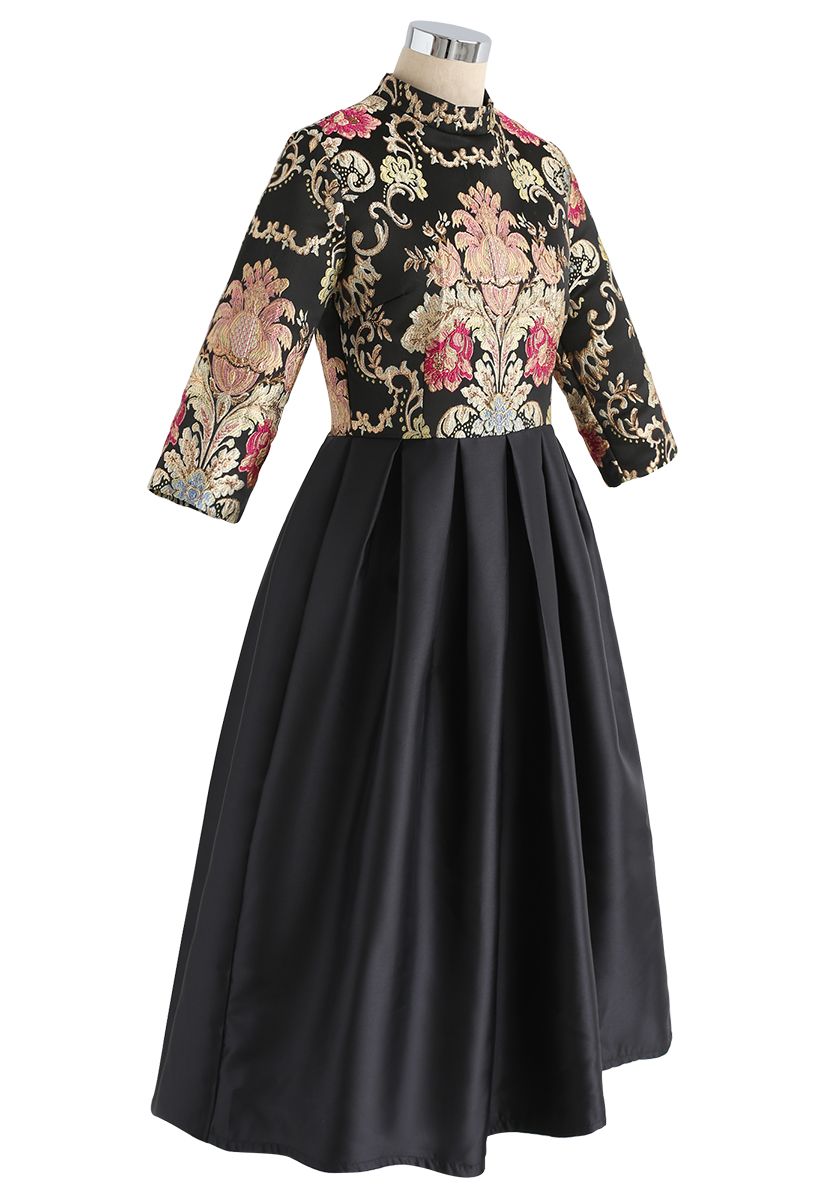 Espléndido vestido jacquard bordado barroco en negro