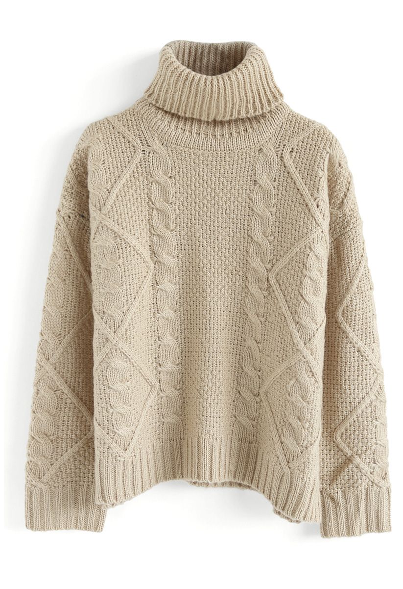 Wintry Fascination Cable Knit Turtleneck Sweater in Sand