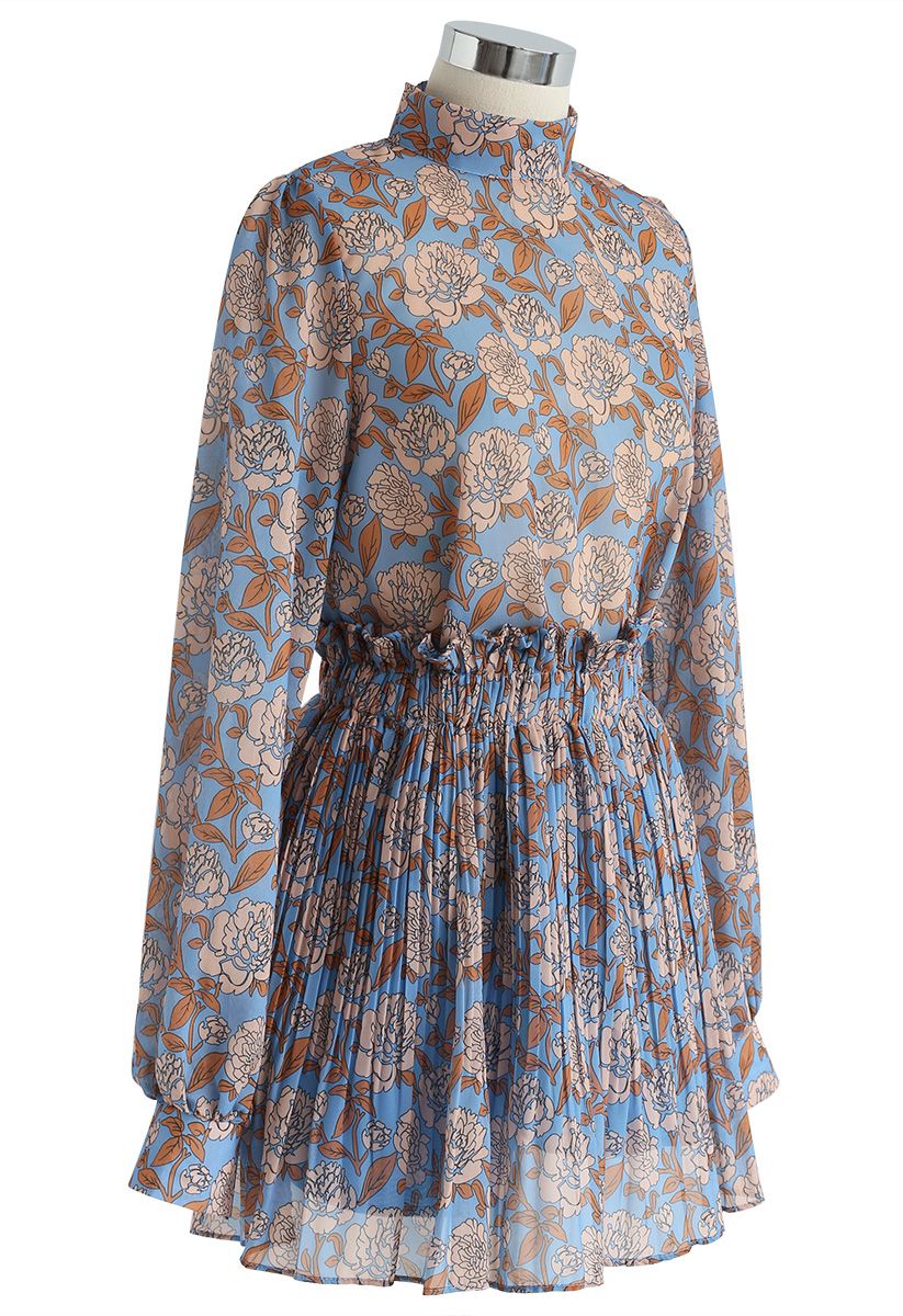 Conjunto de falda y top de chifón floral brillante en azul