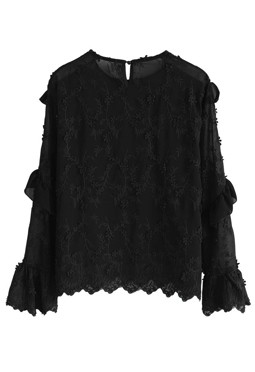 Atractiva Blusa Negra en Chifón Transparente
