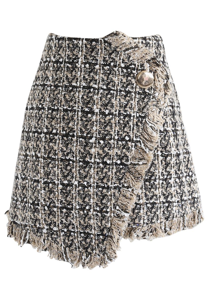 Falda con solapa de tweed asimétrica rejilla reluciente en bronceado