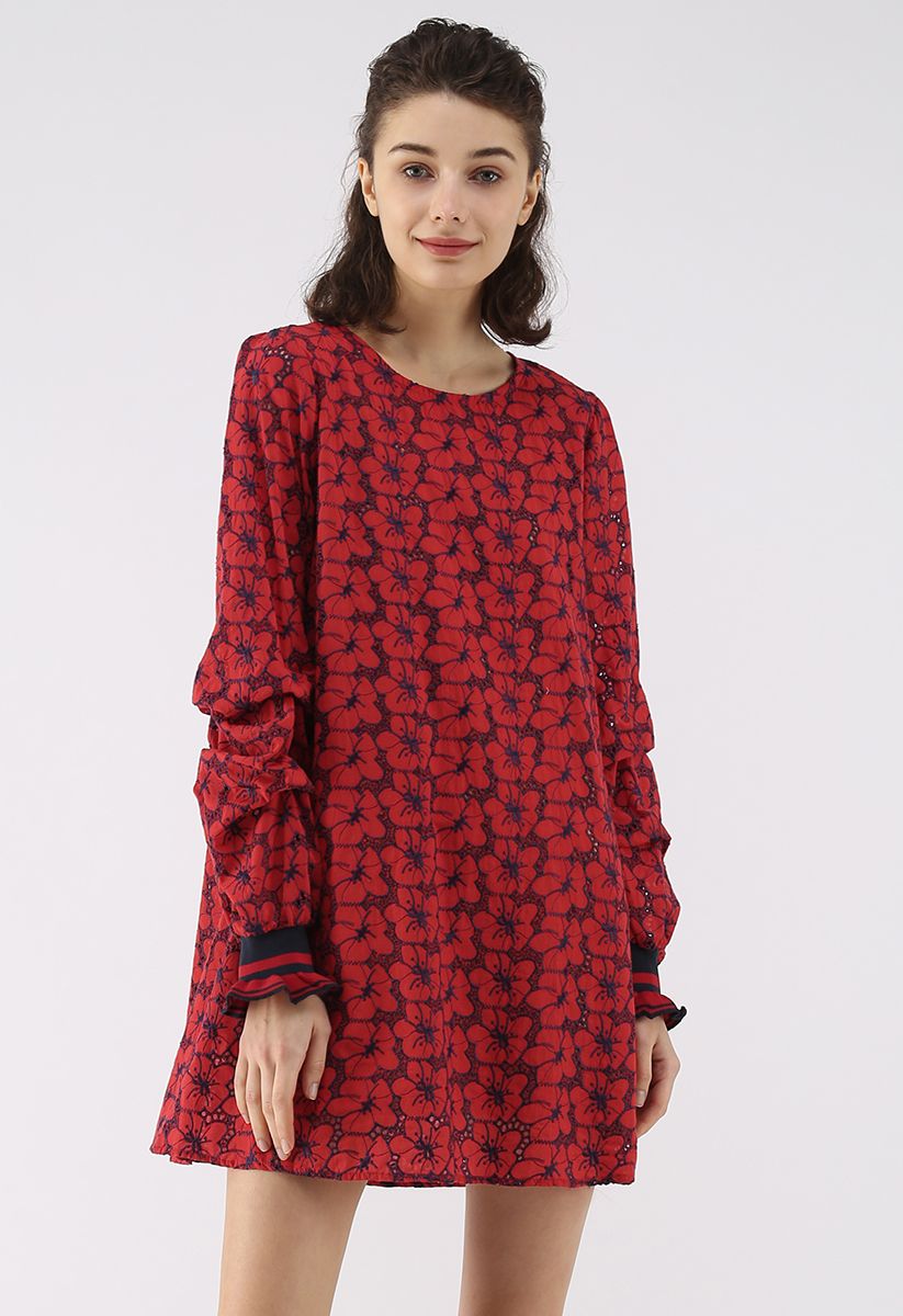 Flamboyant Red Flowers Eyelet Embroidered Tunic