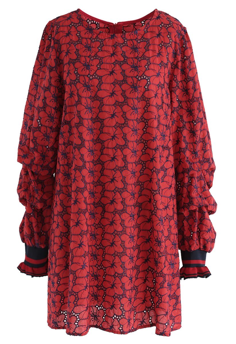 Flamboyant Red Flowers Eyelet Embroidered Tunic