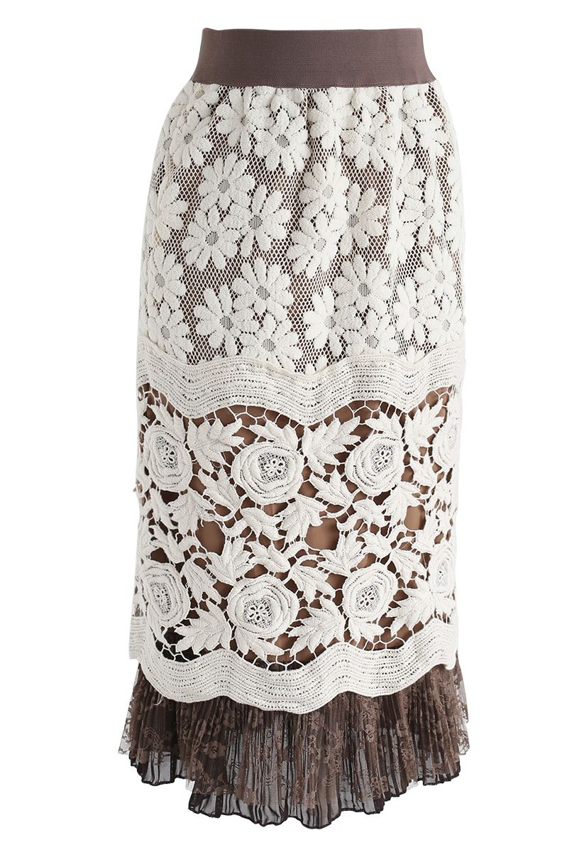 Falda lápiz de croché floral esbelta en crema