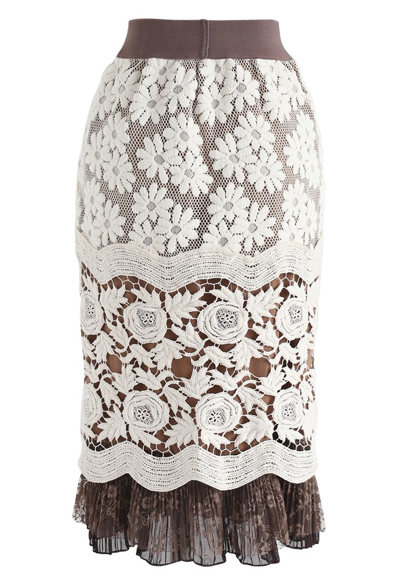 Falda lápiz de croché floral esbelta en crema
