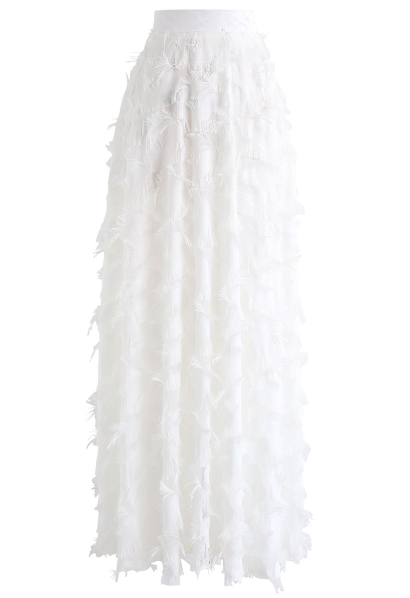 Falda larga con borlas de plumas de baile en blanco