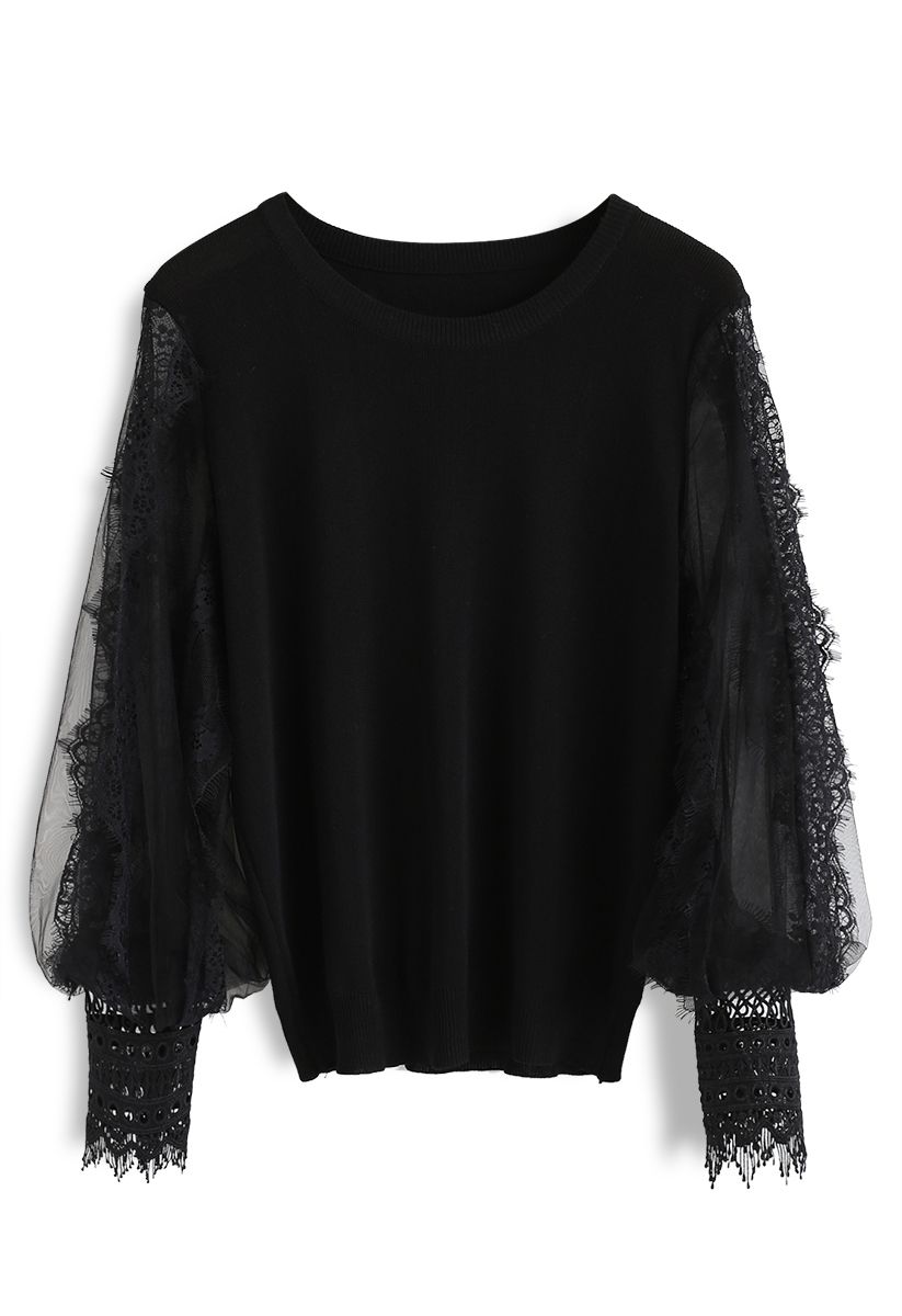 Suéter con mangas de burbuja de malla de muestra romántica en negro