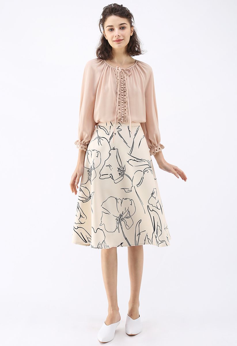 Falda midi de dibujo Blossom A-Line en crema