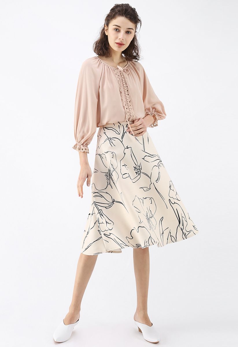 Falda midi de dibujo Blossom A-Line en crema