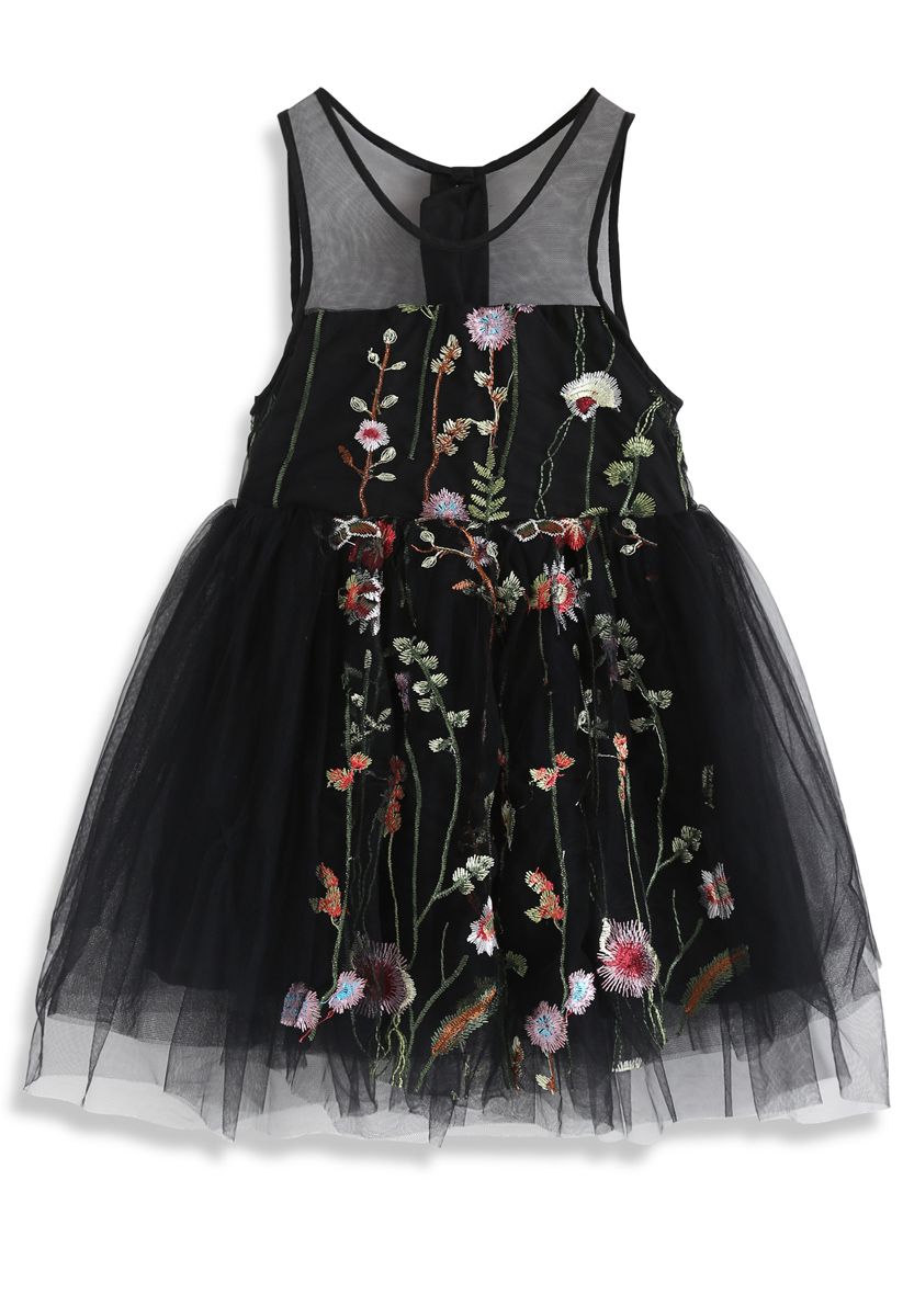 Vestido de malla bordado Lost in Flowering Fields en negro para niños