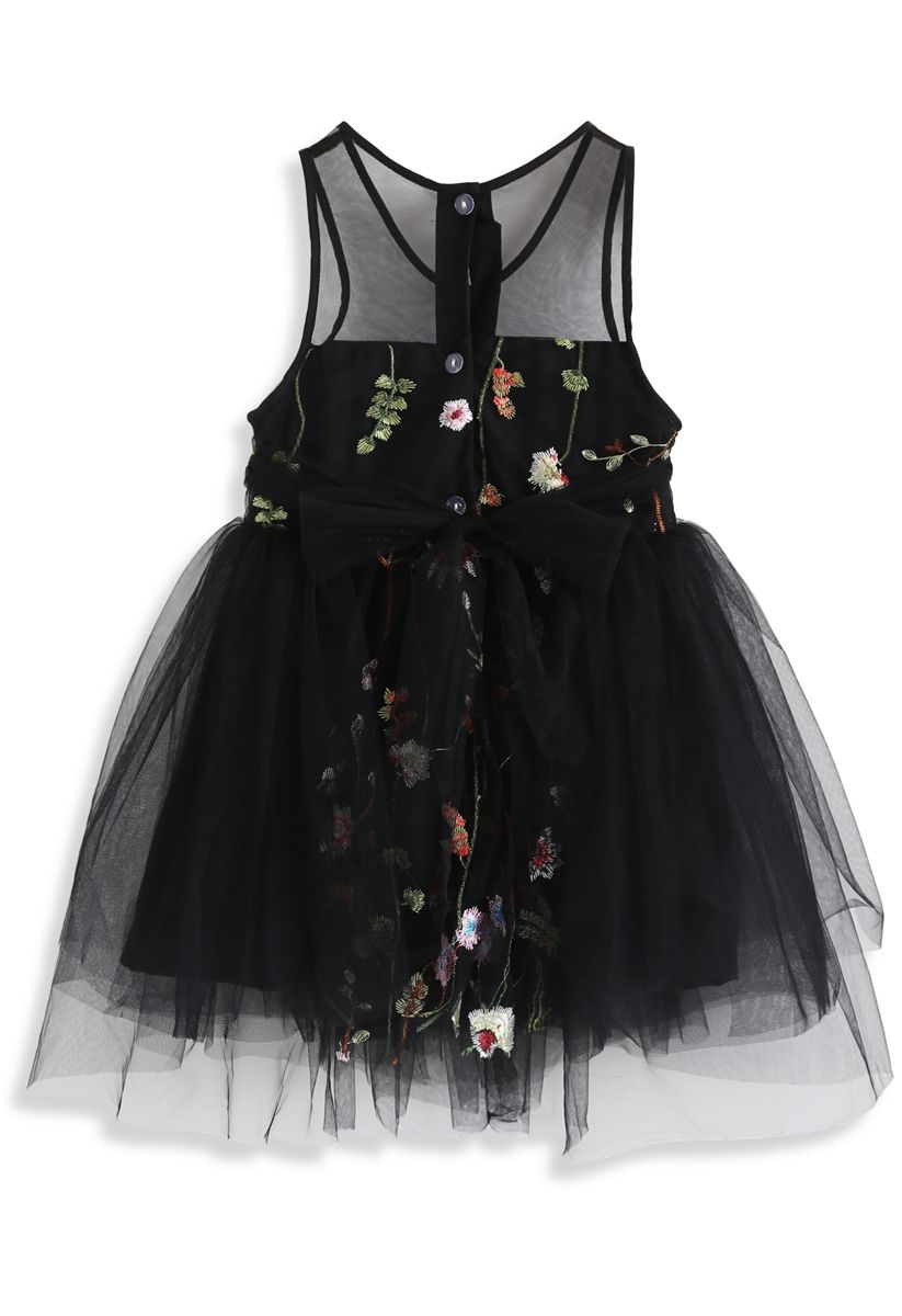 Vestido de malla bordado Lost in Flowering Fields en negro para niños