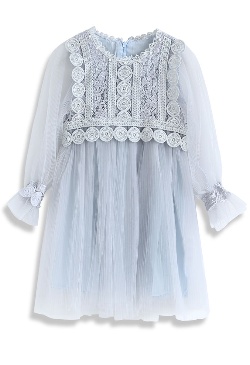 Vestido de tul de malla de encaje delicado y elegante en azul polvoriento para niños