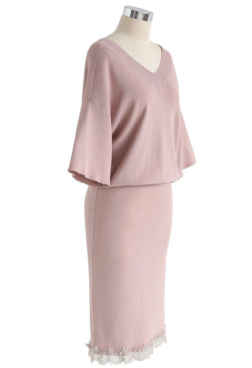 Conjunto de falda y top de punto con cuello en V True Refinement en rosa polvoriento
