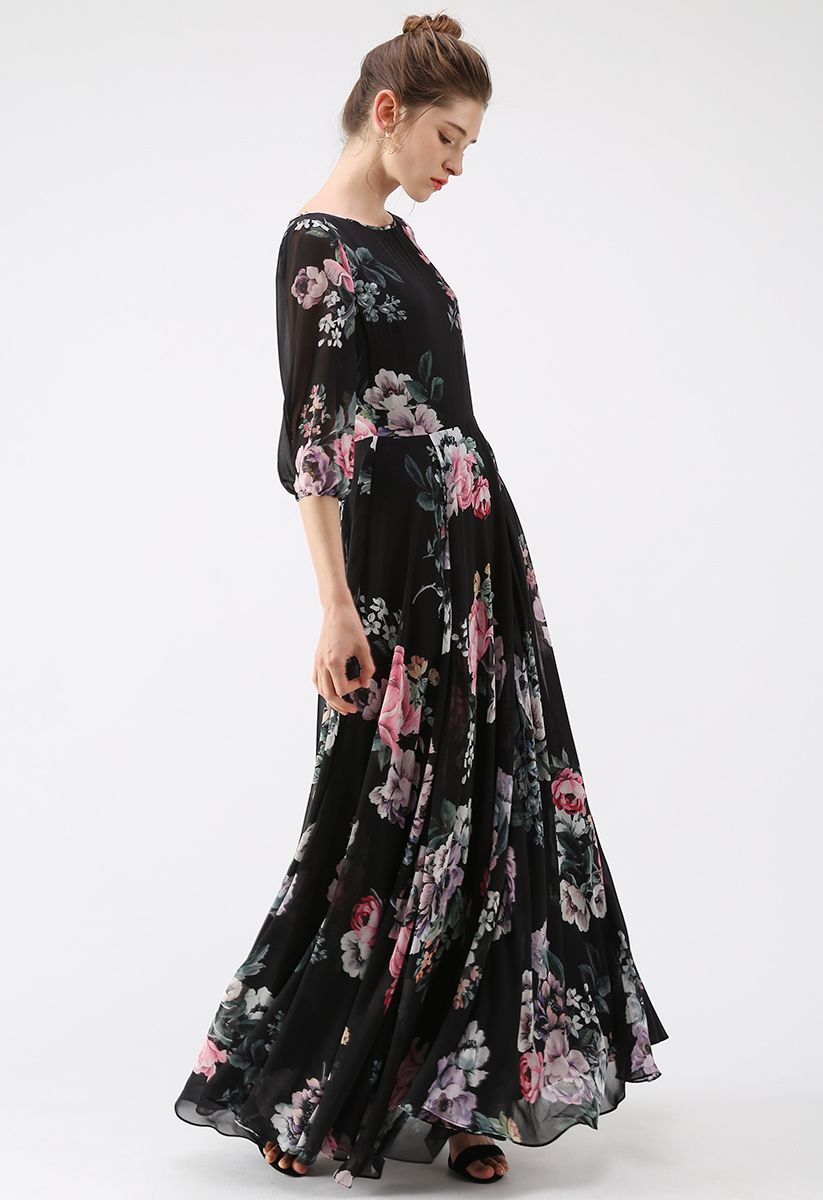 Vestido largo estampado floral asimétrico negro completo de Bloom