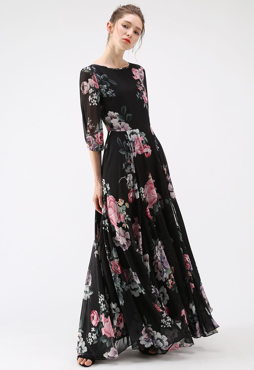 Vestido largo estampado floral asimétrico negro completo de Bloom