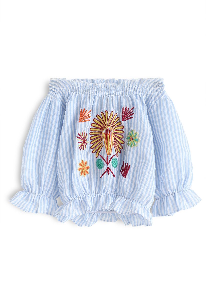 Conjunto de pantalones y top sin hombros bordados Spring Sun para niños