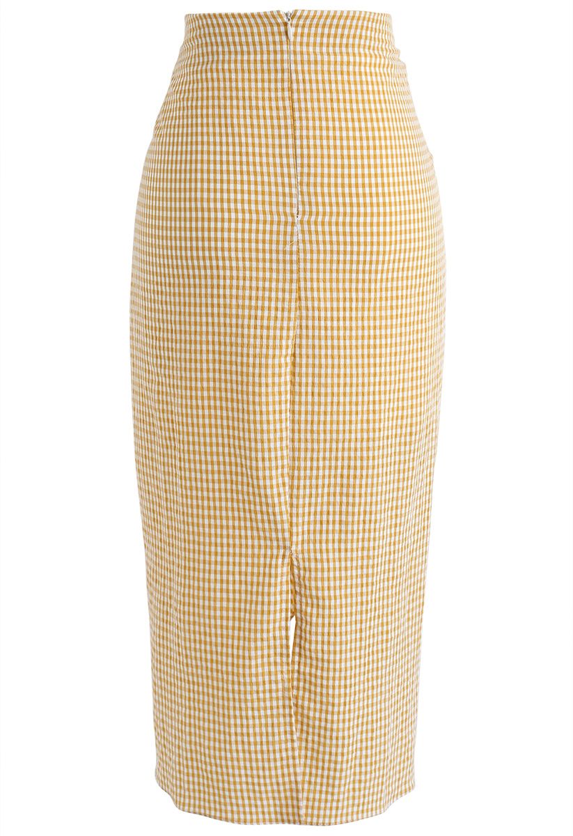 Falda de lápiz asimétrica de cuadros vichy con tiras de dibujo en amarillo
