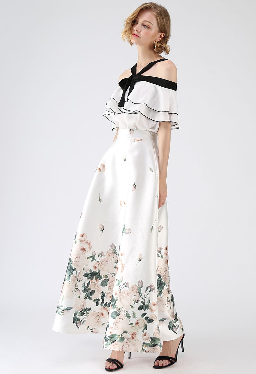 Falda larga estampada Rosa Fallen en blanco