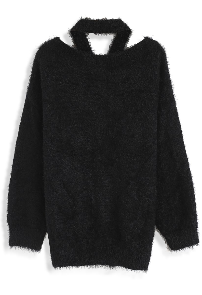 Suéter de punto con hombros fríos y esponjoso Keep Me Cozy en negro