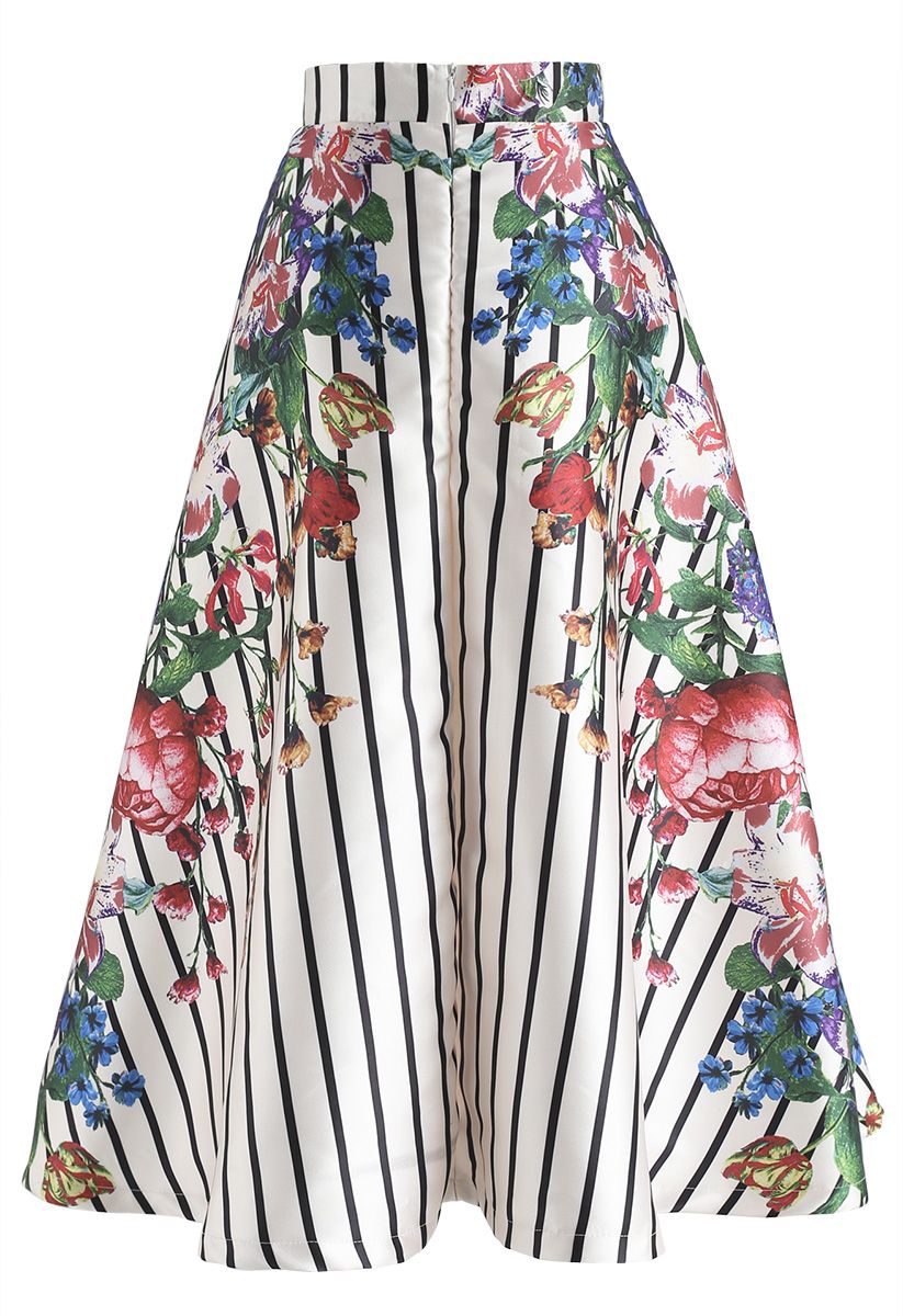 Falda a media pierna con estampado floral Flourish in Stripes