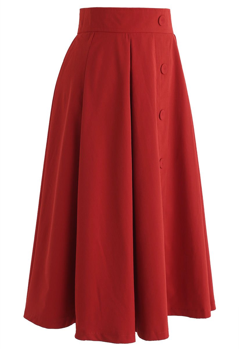 Falda midi evasé de color base en rojo