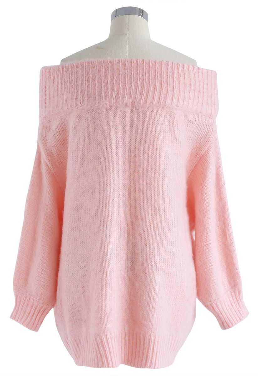 Suéter largo con hombros descubiertos y estampado Dreams en rosa