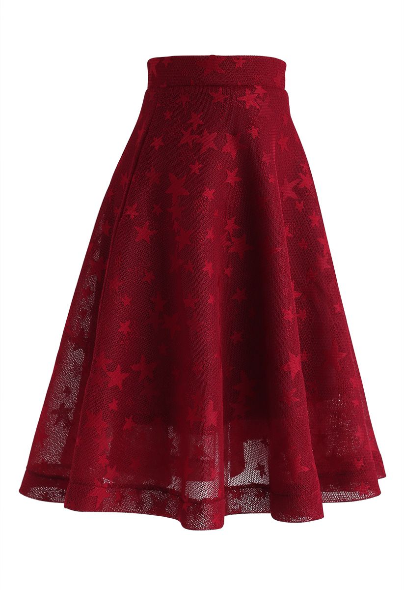 Falda midi de panal de estrellas en rojo
