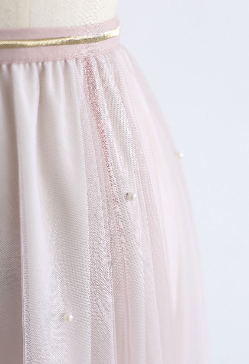 Falda de tul de malla de degradado de perlas dispersas en rosa