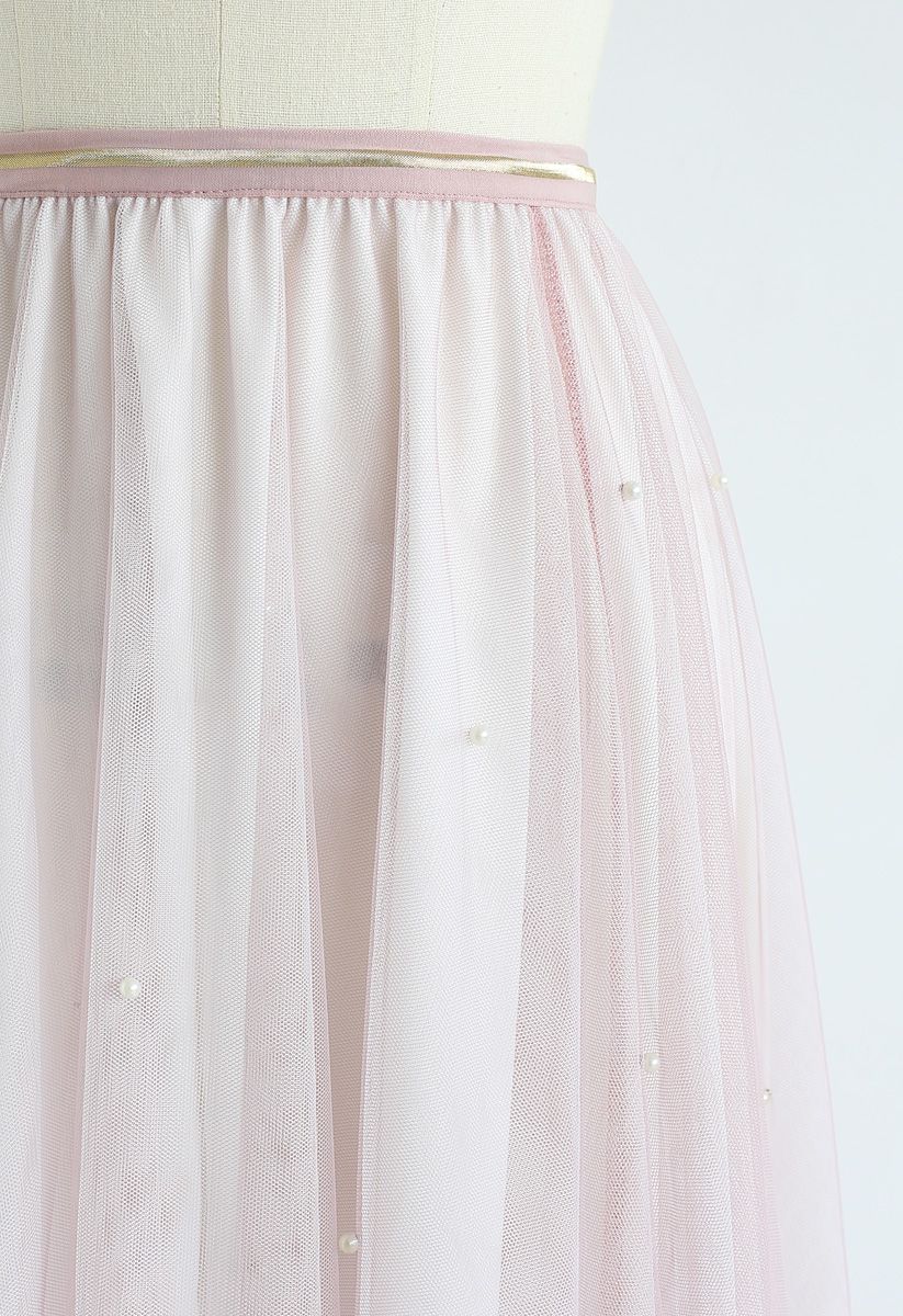 Falda de tul de malla de degradado de perlas dispersas en rosa